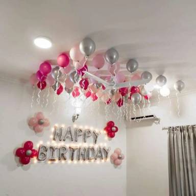 Ceiling Balloon Surprise Pink Silver And Floral Birthday Theme