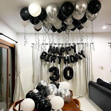 Black And Silver Luxe Minimalist Birthday Decor Ceiling And Table Styling