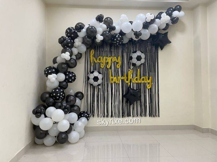 Black and White Football Theme Birthday Decoration with Fringe Backdrop - Image 1