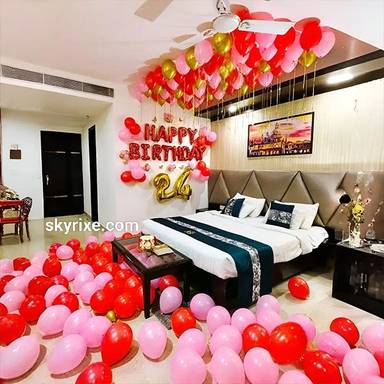 Red and Pink 24th Birthday Room Decoration with Ceiling Balloons