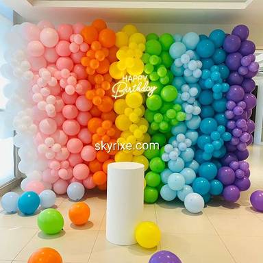 Rainbow Balloon Wall Backdrop Decoration with Neon Happy Birthday