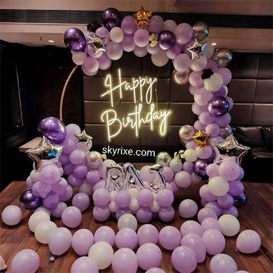 Circular balloon arch in lavender pastel purple and white decor