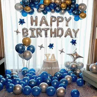 Blue silver gold balloon garland arch backdrop