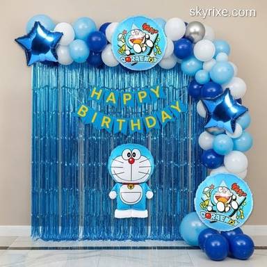 Doraemon Theme Birthday Decoration with Blue Balloon Arch