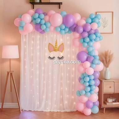 Pastel Unicorn Birthday Decoration with Balloon backdrop