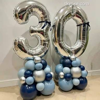 Silver Blue 30th Birthday Number Balloon Duo