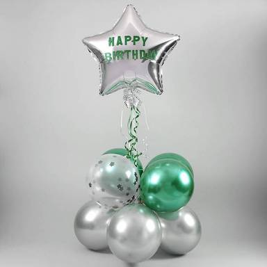 Silver And Green Starry Birthday Balloon Arrangement