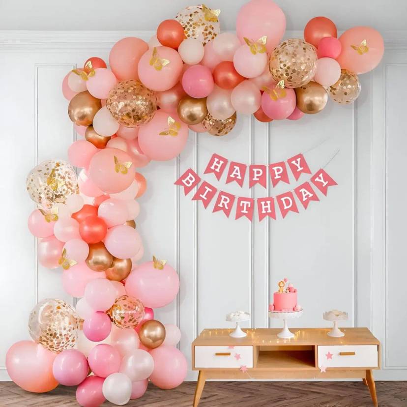 Peach And Rose Gold Butterfly Garland Birthday Decor - Image 1