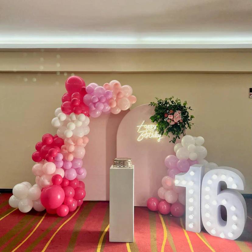 Blush Pink Arch Birthday Setup with Light Up Age Numbers - Image 1