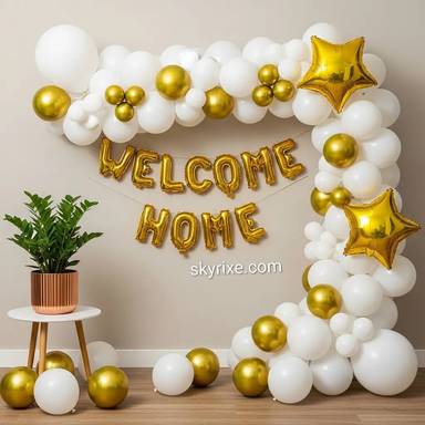 White and Gold Welcome Home Balloon Decora