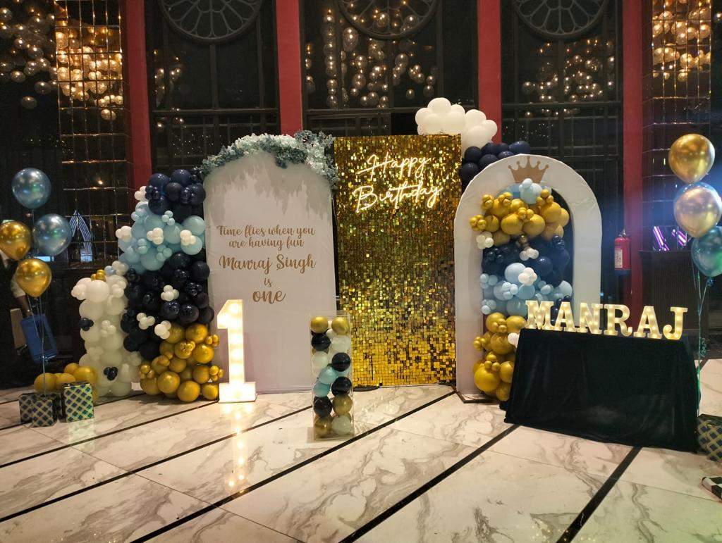 Blue And Gold First Birthday Balloon Decoration