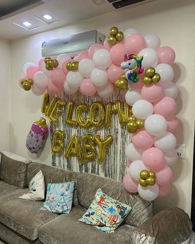 Welcome Baby Pink And White Balloon Decor