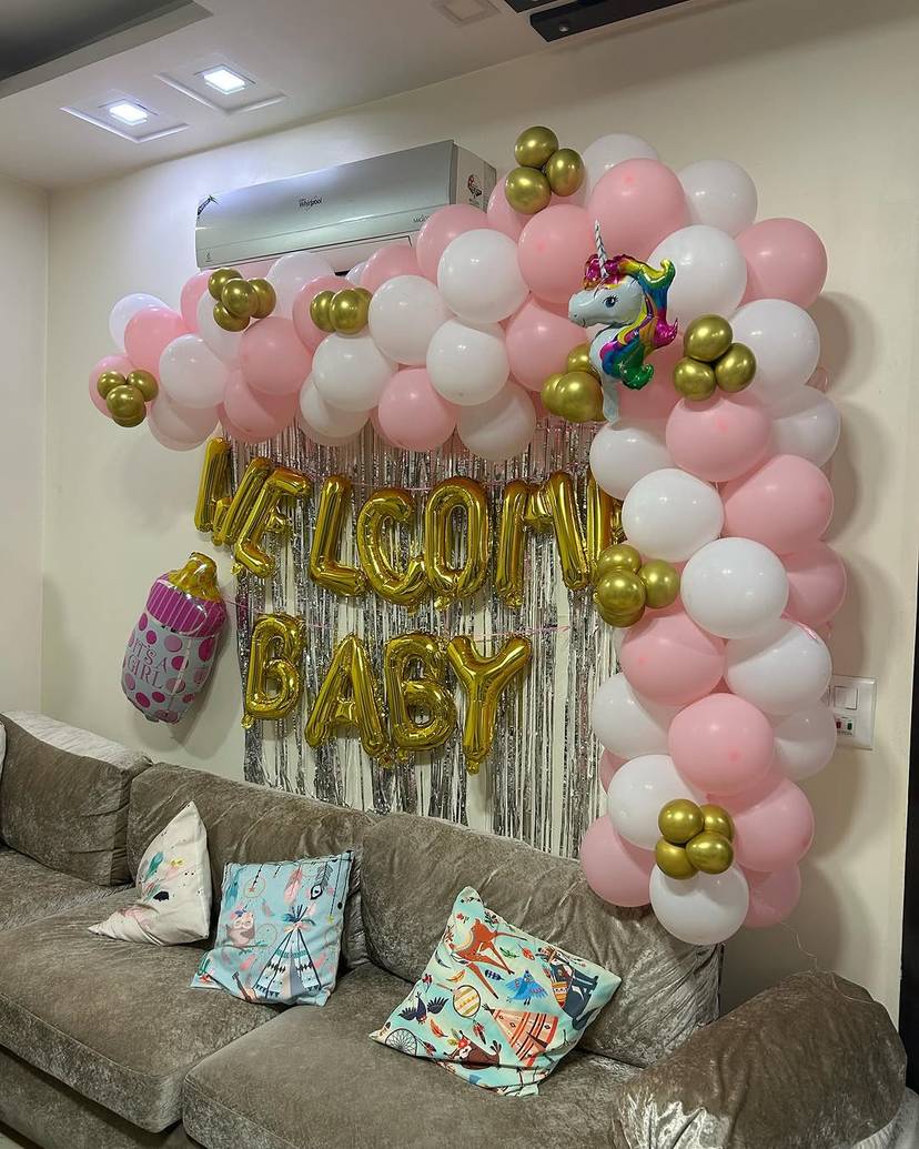 Welcome Baby Pink And White Balloon Decor - Image 1