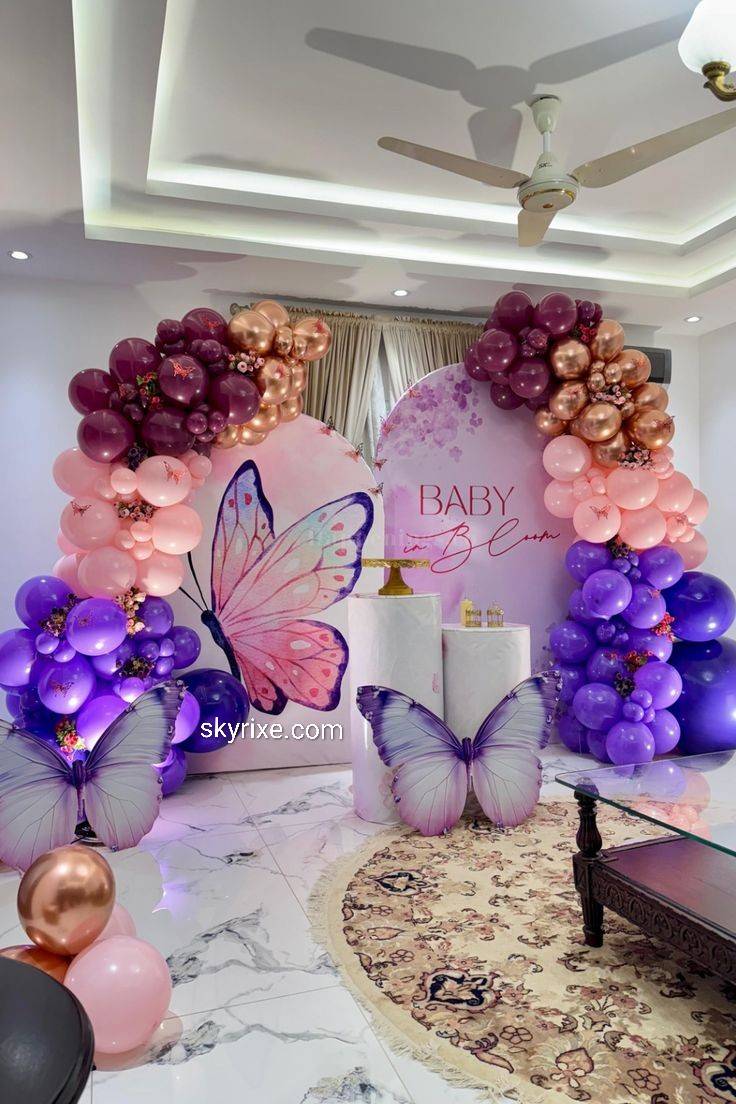Butterfly Theme Pink Purple and Rose Gold Double Arch Setup - Image 1