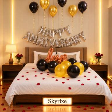 Golden Black Anniversary Bed Surprise Decoration