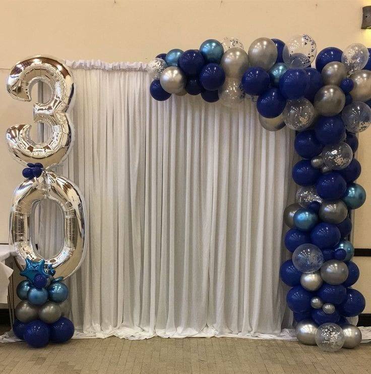 Elegant Blue And Silver 30th Birthday Balloon Backdrop - Image 1