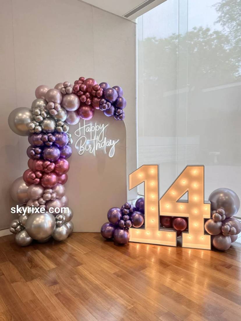 Silver 14th Birthday Neon Backdrop with Marquee Numbers - Image 1