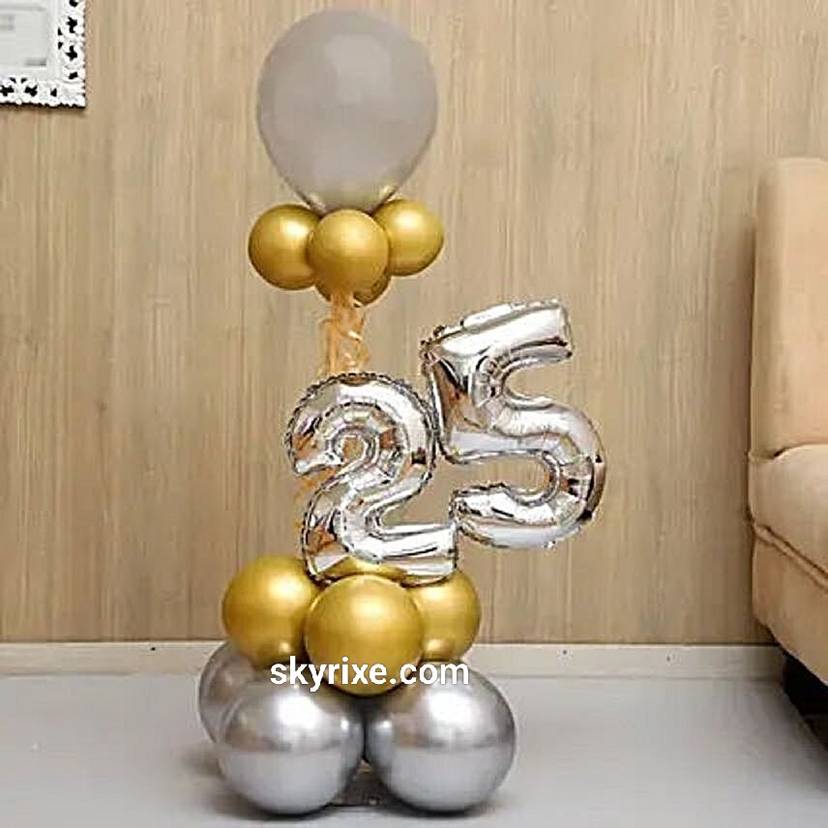 Silver Gold 25th Celebration Balloon Bouquet - Image 1