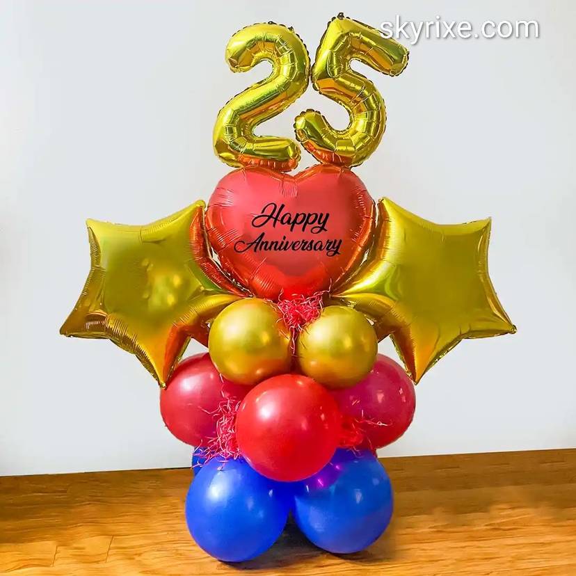 Golden 25th Anniversary Heart Balloon Bouquet - Image 1