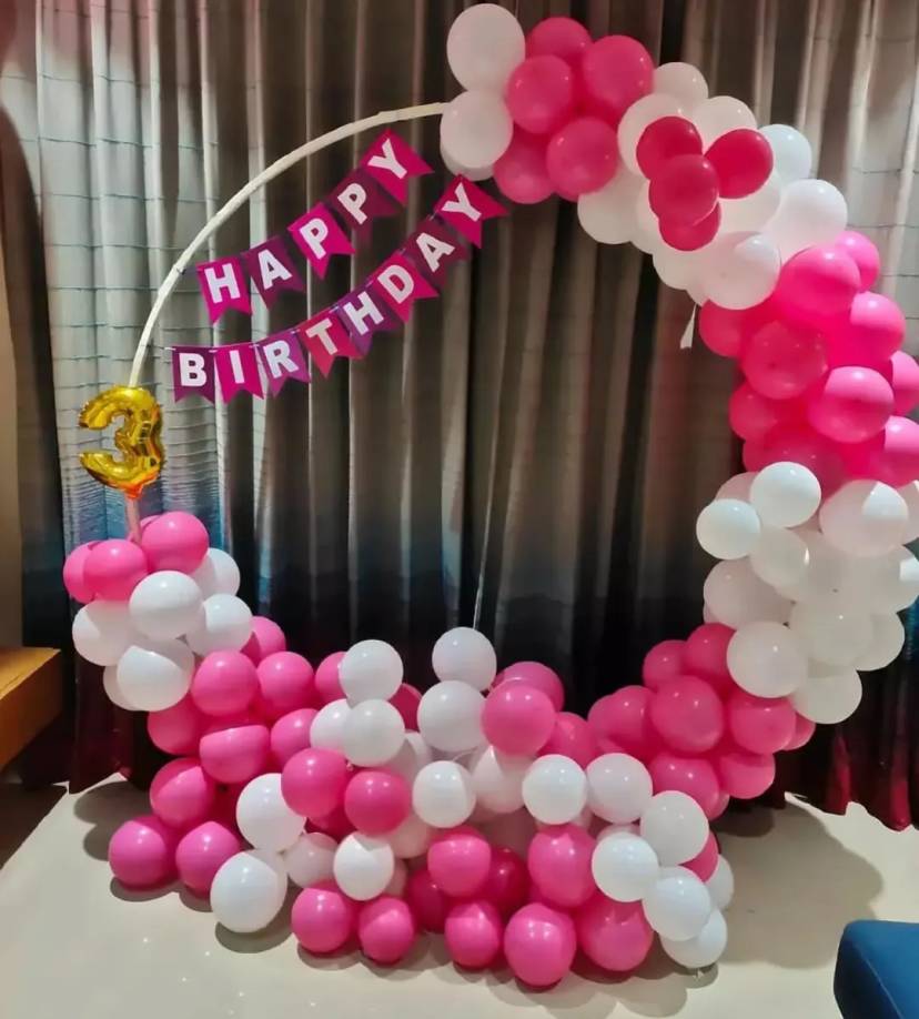 Pink And White Birthday Balloon Arch Happy 3rd Birthday Theme - Image 1