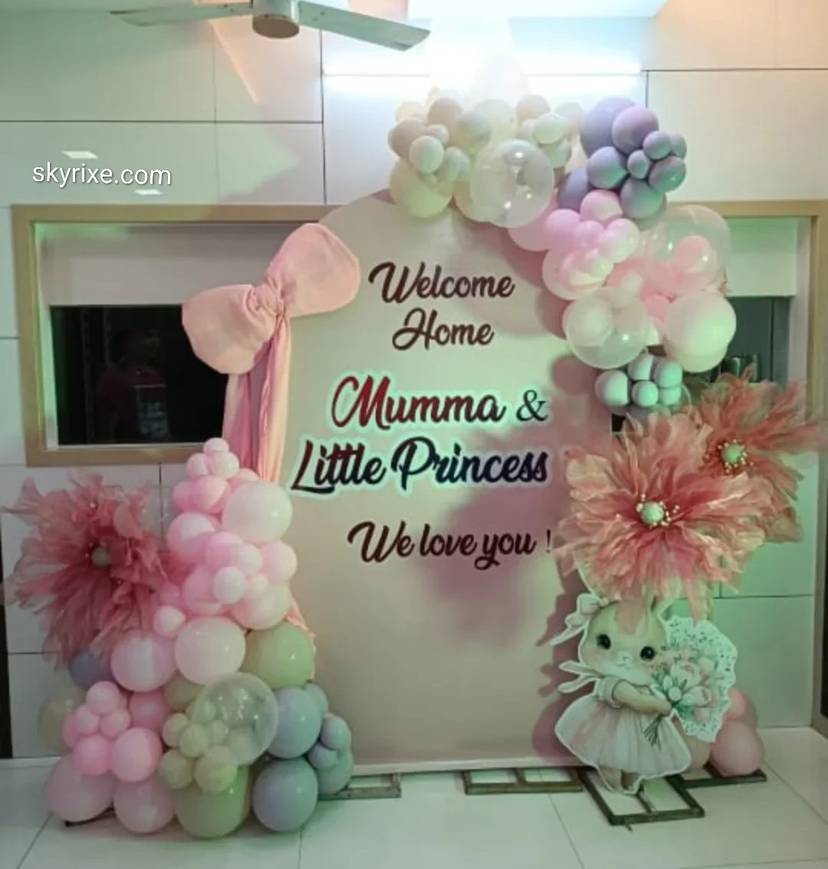 Welcome Home Baby Girl Pastel Balloon Backdrop with Bow - Image 1