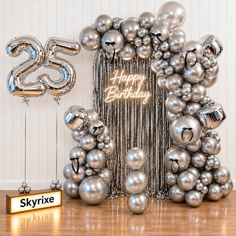 Silver Chrome Bow Birthday Balloon Decoration - Image 1