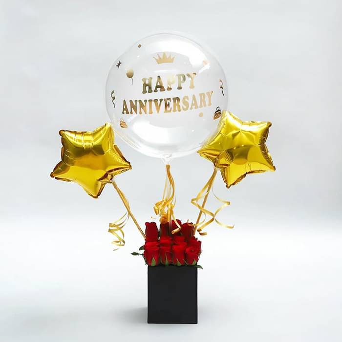 Golden Anniversary Balloon And Rose Box Arrangement - Image 1