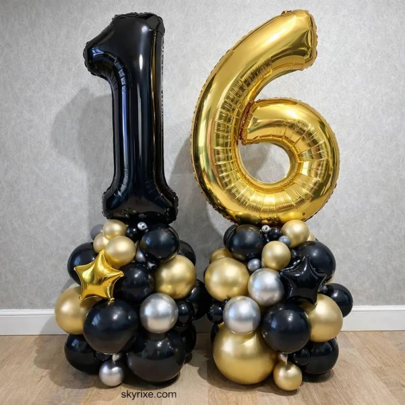 Luxe Black & Gold 16th Birthday Number Balloon Towers - Image 1