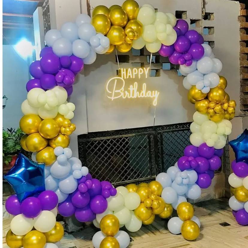 Purple and Gold Balloon Arch with Neon Birthday Sign - Image 1